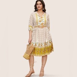 BloomChic Women’s 14 16 Mustard Yellow Boho Floral Front Tie Midi Sun Dress NWT